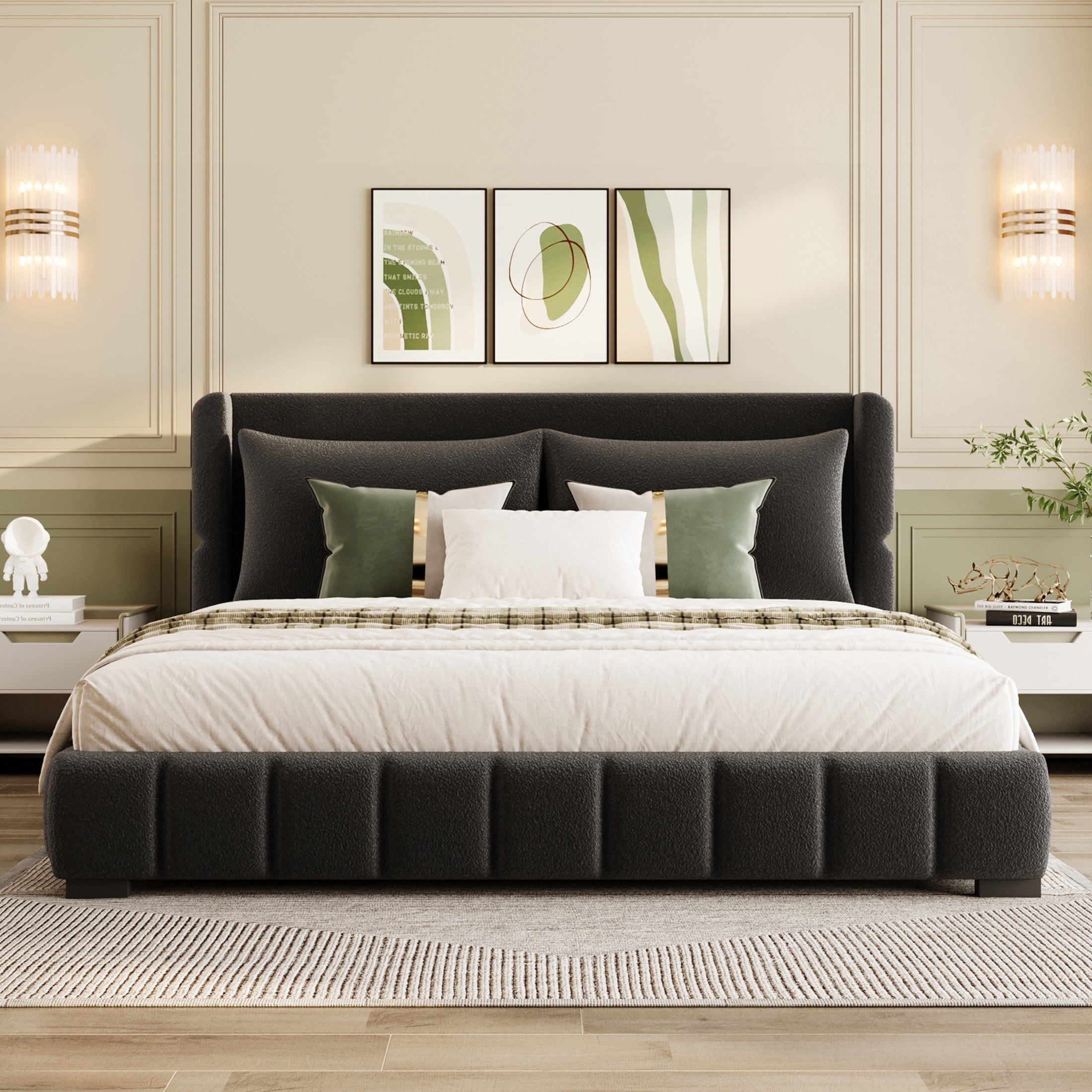 Noble House Rowena King Size Velvet Upholstered Platform Bed with Matching Pillows, Sturdy Wood Frame, Black