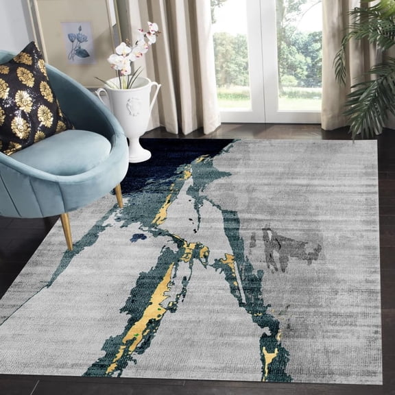 Blue Grey Gold Contemporary Modern Abstract Rug For Livingroom Bedroom Distressed Texture Washable Soft Diningroom Home Office Area Rug Indoor Outdoor Carpet 4x5ft
