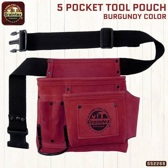 Graintex SS2268 :: 5 POCKET NAIL & TOOL POUCH BURGUNDY COLOR SUEDE LEATHER WITHBELT