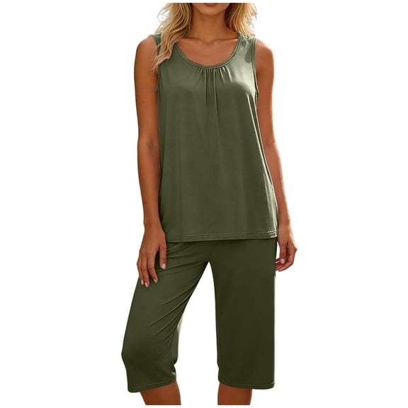 Jerdar Women's Capri Pajama Sets Soft Cute Pjs Round Neck Sleeveless Capri Lounge Shorts Sleepwear XL