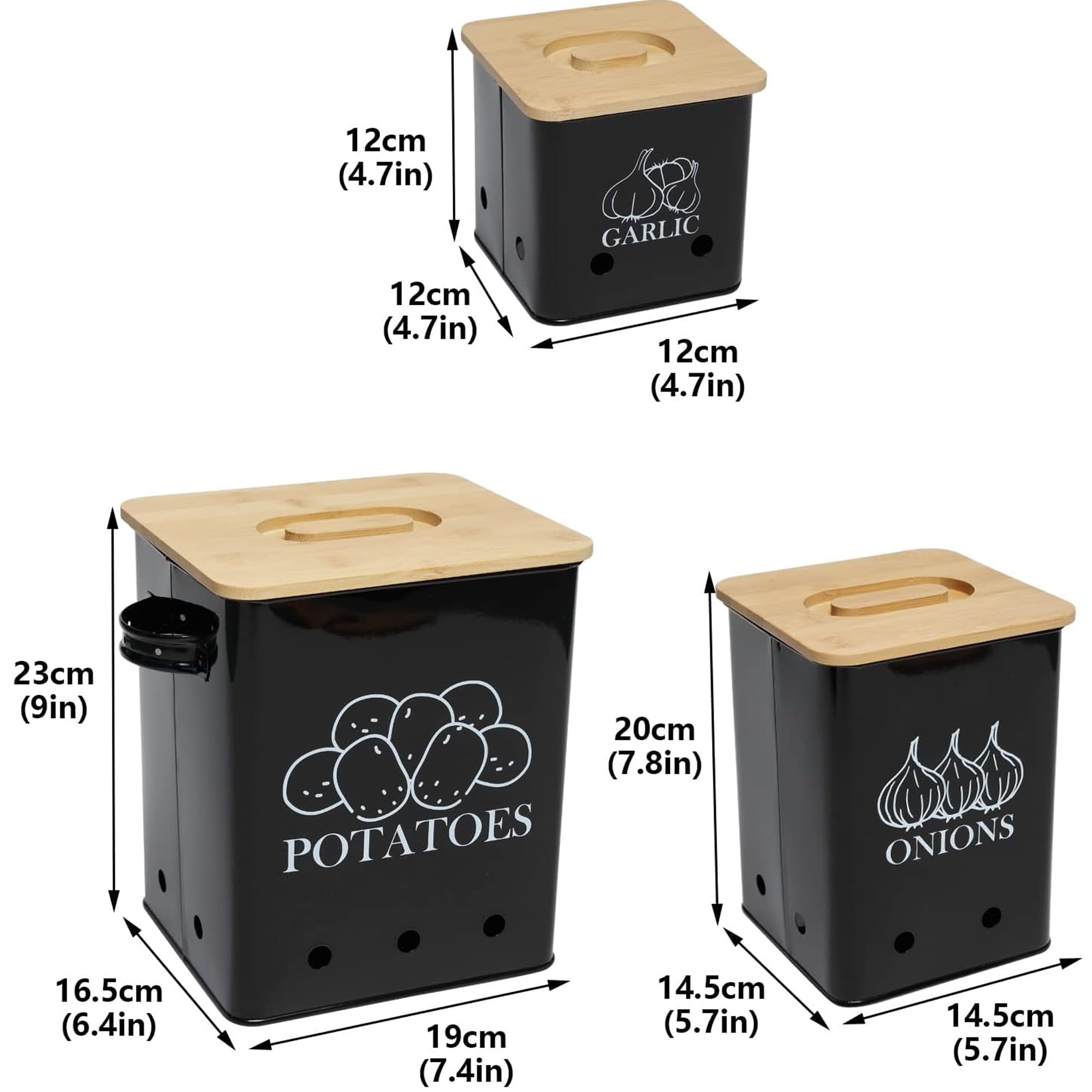 Pethiy Kitchen Canisters Set, Storage Bin for Potato Onion & Garlic, 3 Pack Set Countertop Pots Containers with Wooden Lid - Potato Storage, Garlic Bin, Onion Keeper Tin with Aerating Holes-Black