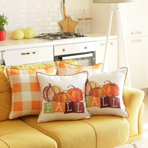 Fall Thanksgiving Decorative Throw Pillow Plaid & Pumpkins Set of 4