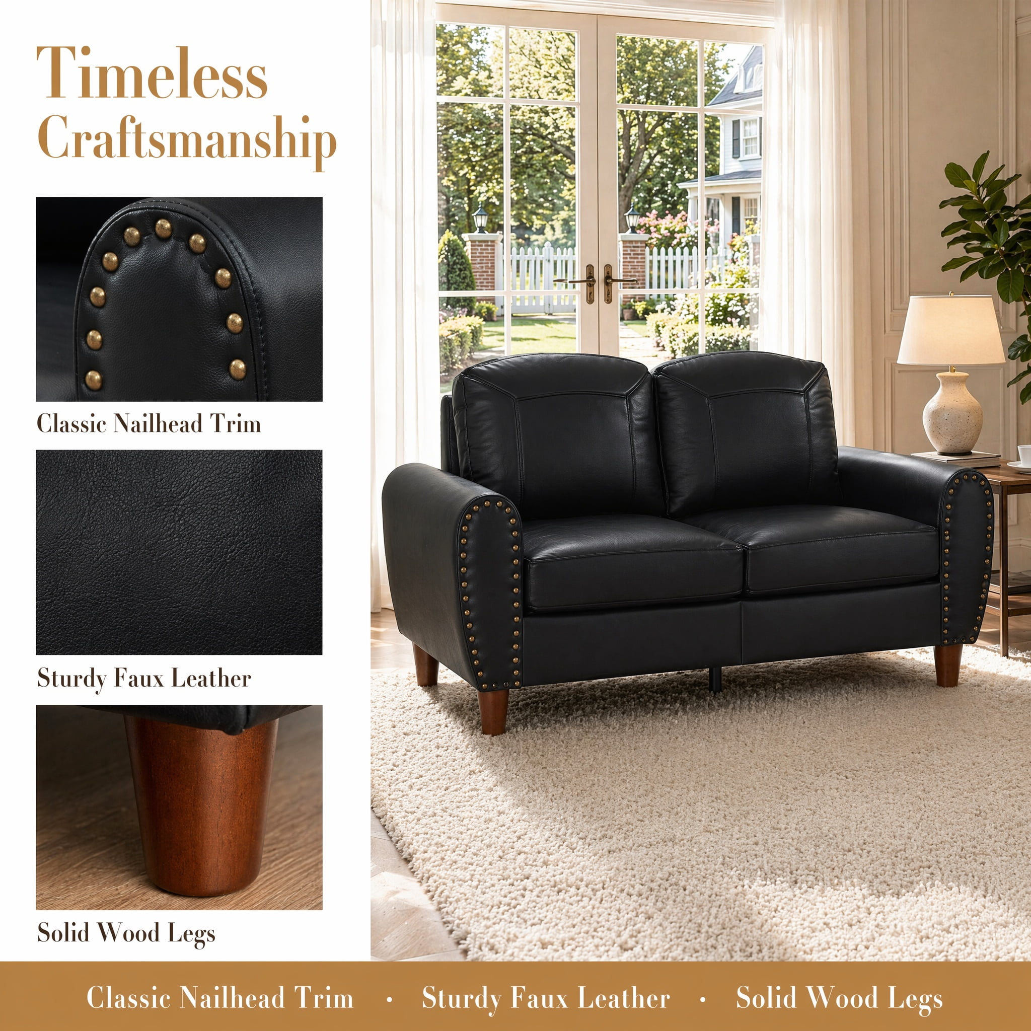 Mid-Century Modern Faux Leather Loveseat Sofa,59"W Classic Rolled Arm 2-Seater Sofa Couch with Brass Nailhead Trim & Solid Wood Legs,Apartment,Living Room Furniture,Black