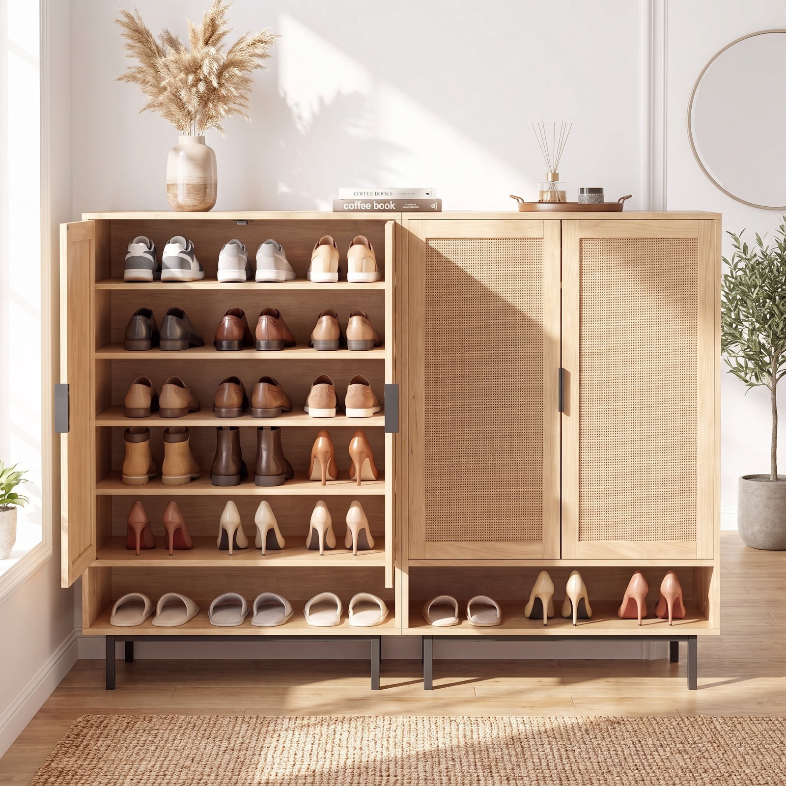 Furnibear 43 Inch Tall 6 Tier Shoe Cabinet with Double Doors and Adjustable Shelves for Entryway Living Room and Closet, Natural