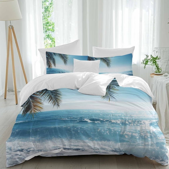 Summer Ocean Queen Size Comforter Set, Seascape Blue Wave Green Tropical Pain Tree Bedding for All Seasons, 4 Pcs Bed Set, 1Quiltcover (90"x92") ,1Sheet(94"x116"), 2Pillowcases (30"x20")