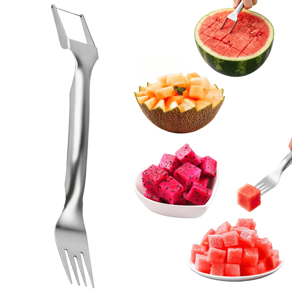 2-in-1 Watermelon Slicer & Fork, Stainless Steel Dual Head Watermelon Fork Slicer Tool, Mango, Pitaya, Portable for Camping, Picnics, Home, Parties