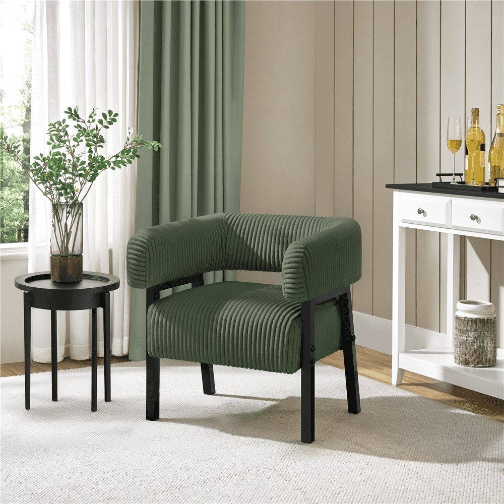 Renwick Corduroy Barrel Accent Chairs with Solid Wood Legs, Set of 2, Dark Green