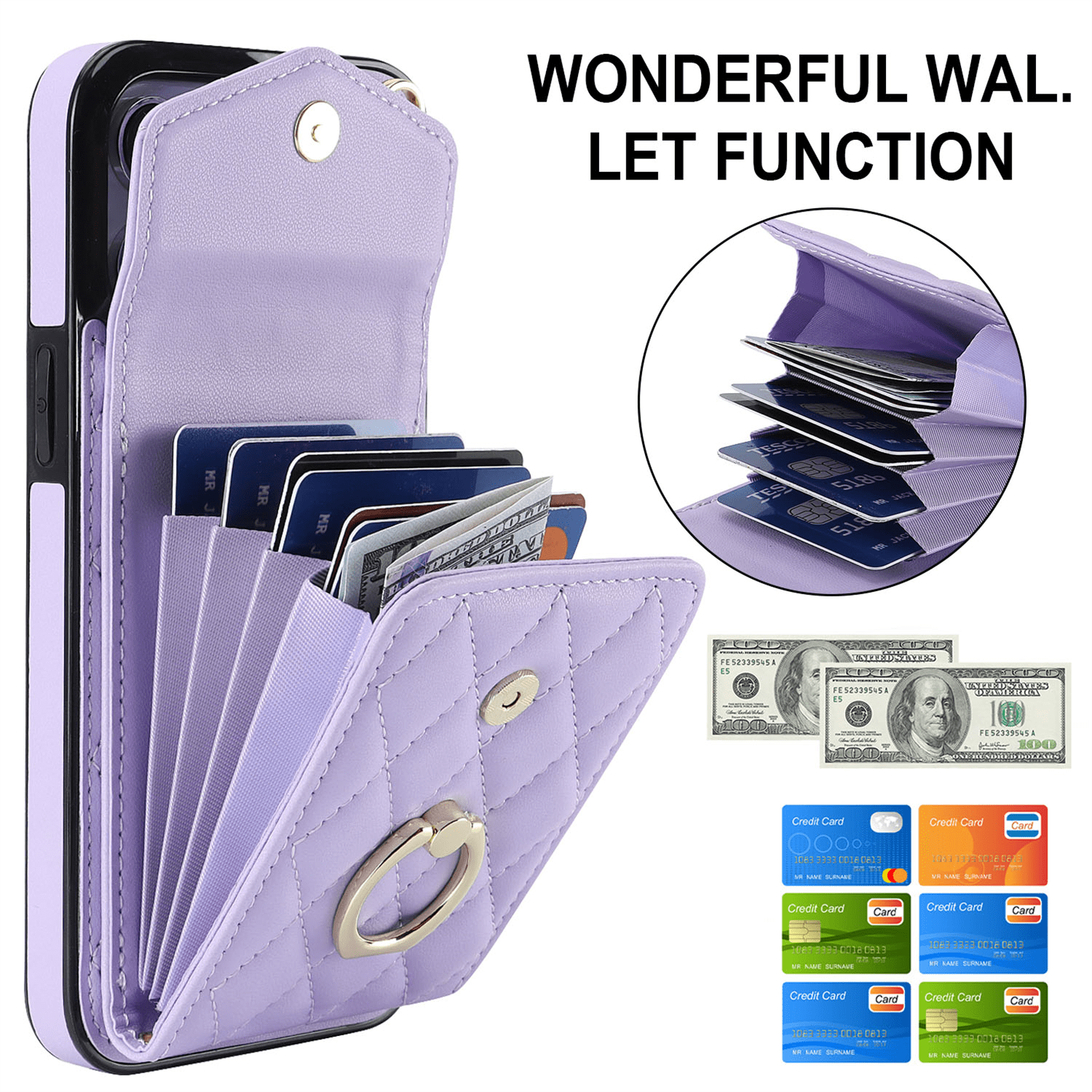 Asuwish Wallet RFID Blocking PU Leather Cell Phone Case with Tempered Glass Screen Protector, Wrist Strap for iPhone 13 Pro Max, Purple