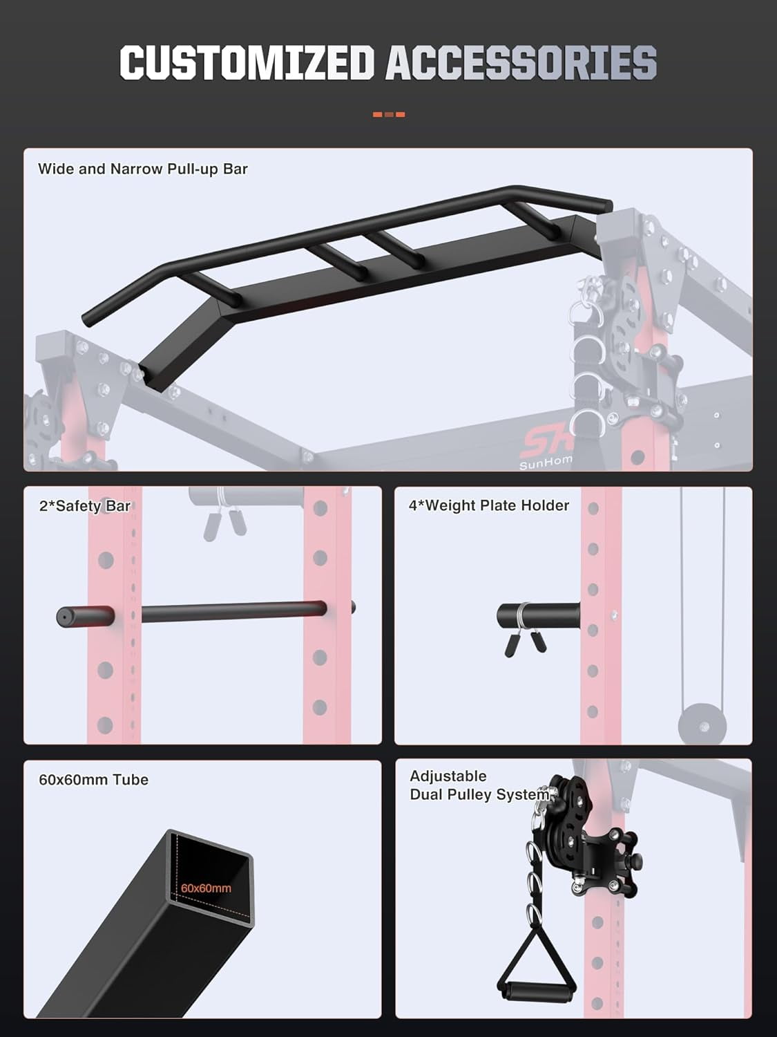 SunHome Power Cage Squat Rack, Power Rack with Pulley System, Adjustable Cable Crossover System, J-Hooks, Dip Handles, Weight Plate Storage