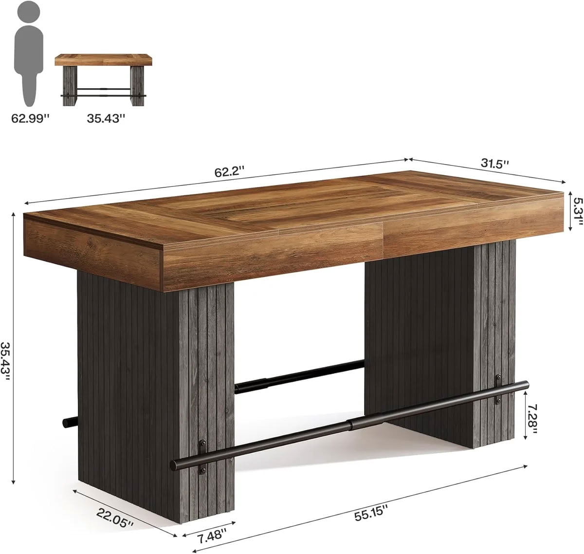 MAYEERTY 62" Industrial Bistro Bar Table, Pub Table with Metal Footrest, Counter Height Table for Home Bar, Kitchen and Living Room
