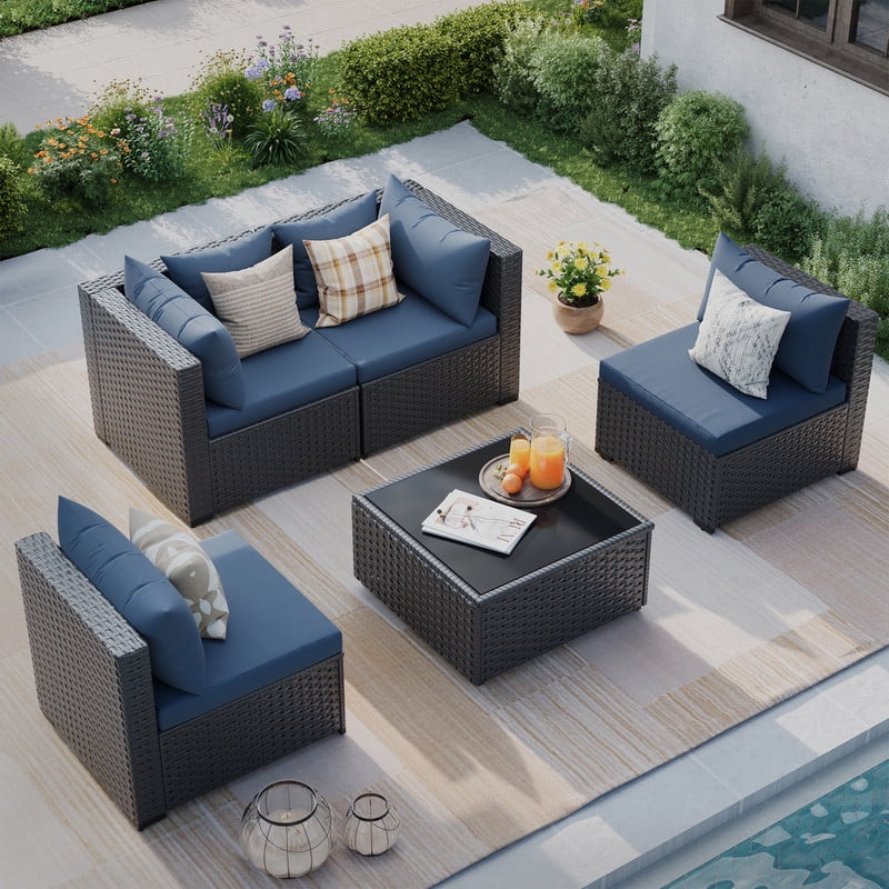 ELPOSUN 5 Pieces Patio Furniture Set, Outdoor Furniture Sectional Rattan Sofa for Backyard Garden Navy