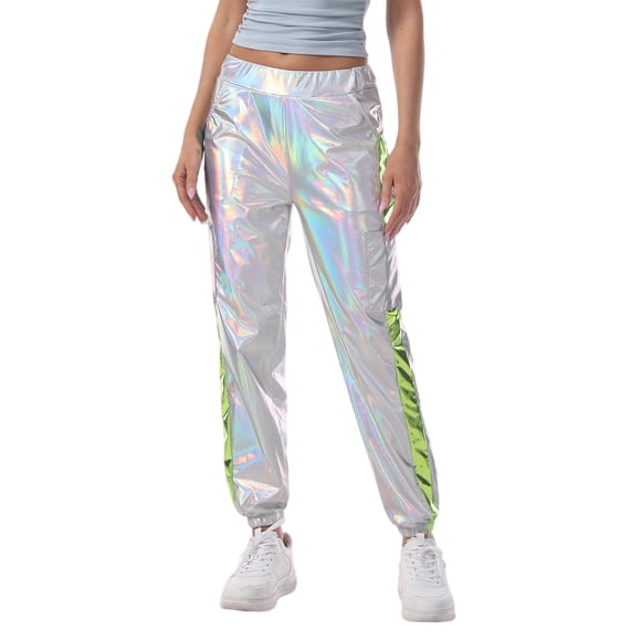 Women's Metallic Pants, High Waisted Flare Pants with Pockets, Shiny Stretchy Casual Pants for Party, Dance, Lounge