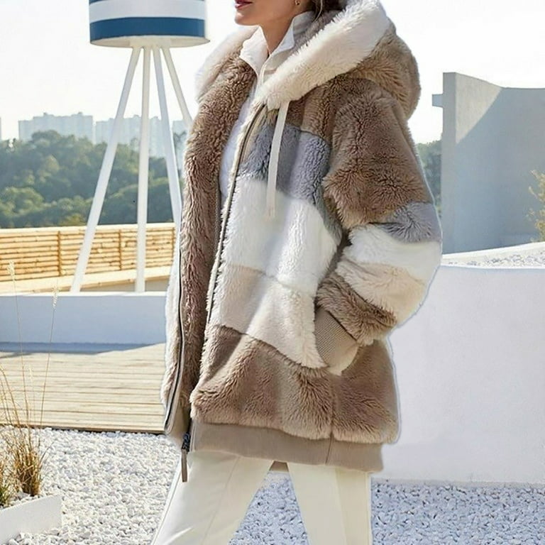Winter Coats for Women Deals!Tarmeek Plus Size Warm Thick Faux Plush Coat  with Hood,Casual Loose Hooded Jacket Outerwear Outdoor Fleece Zip Hoodies  Coats for Women 
