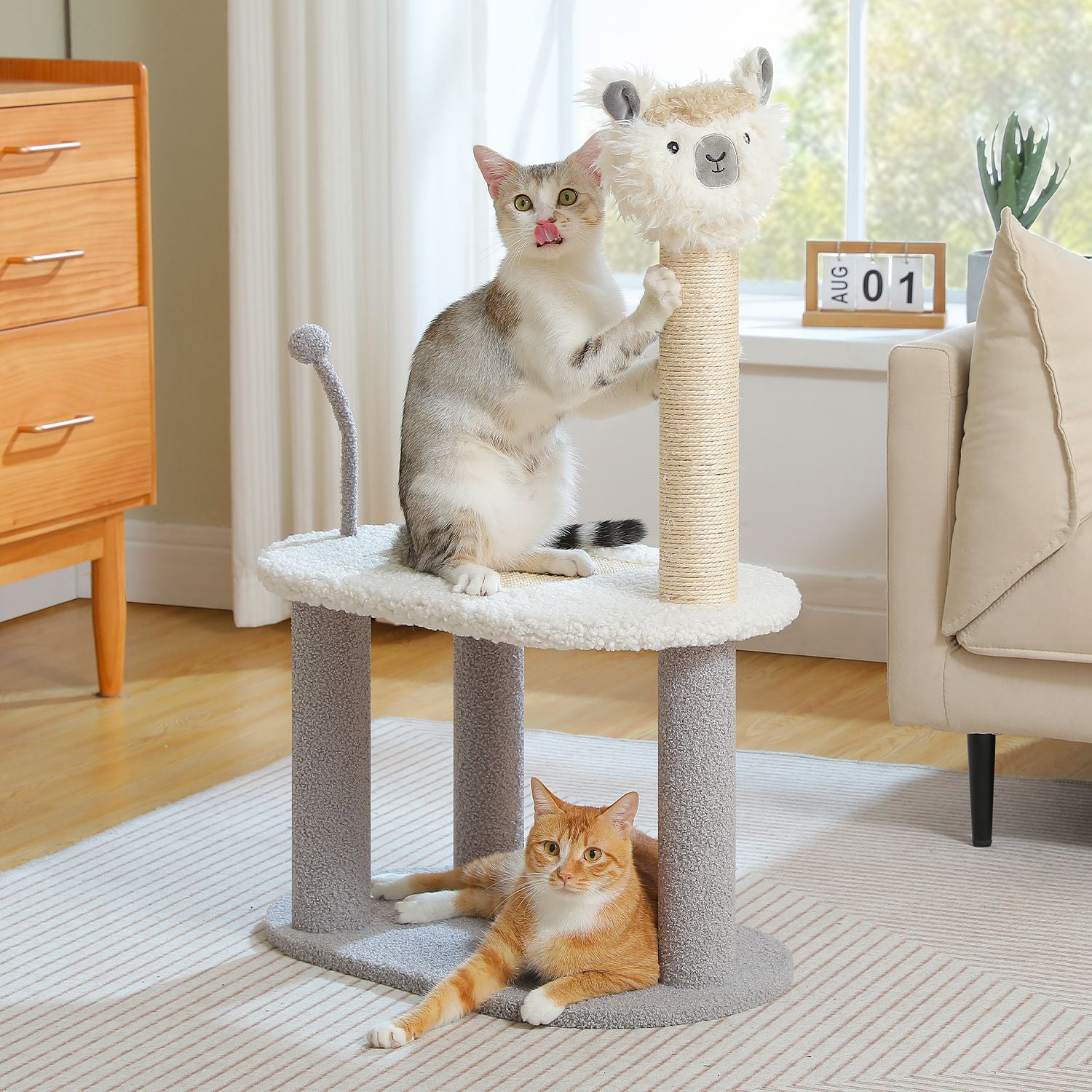 resenkos 2 Tier Cat Tree with Scratching Board and Post for Indoor Cats, Alpaca Shape Cat Tower for Kittens, Gray