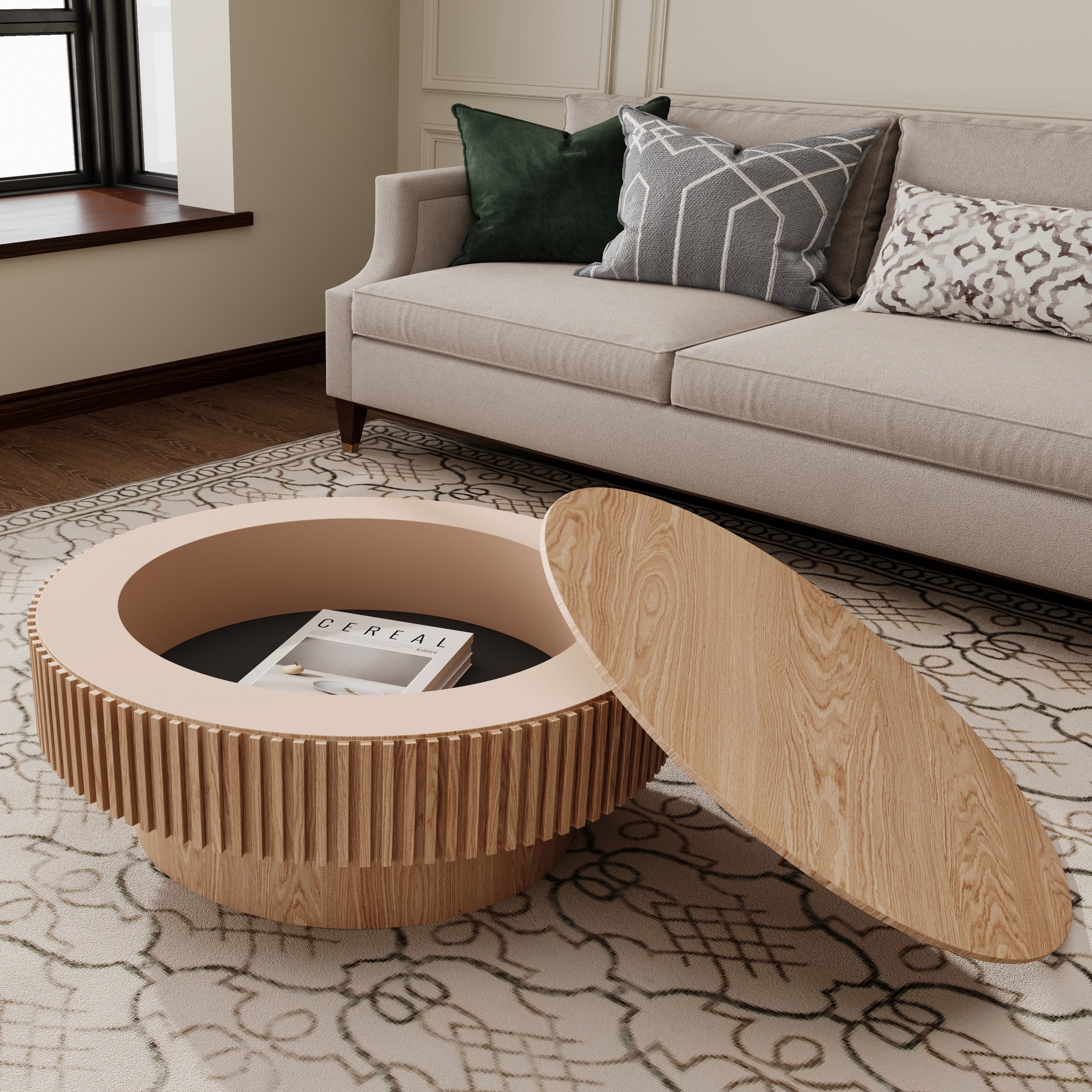 Noble House Leigh 31.5'' Round Modern Coffee Table with Hidden Storage, Solid Wood Veneer, Accent Tea Table, Natural