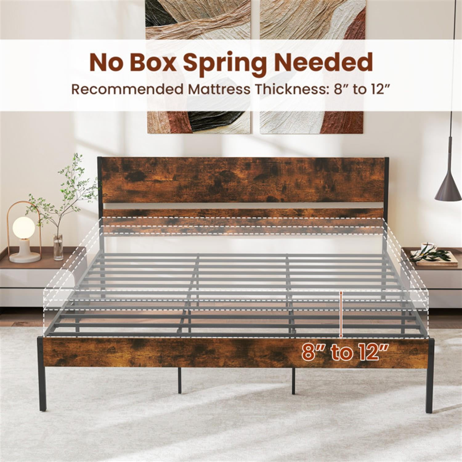 Demi Bonn King Size Bed Frame with Wooden Headboard and Footboard, Modern Metal Platform Bed Frame with Under Bed Storage, No Box Spring Needed, Brown