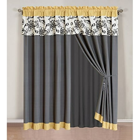 Grand Linen 4 Piece Modern Yellow Black White Grey Fl Curtain Set With Attached Valance And Sheers Canada Grand Linen 4 Piece Modern Yellow Black, White Valance Curtains