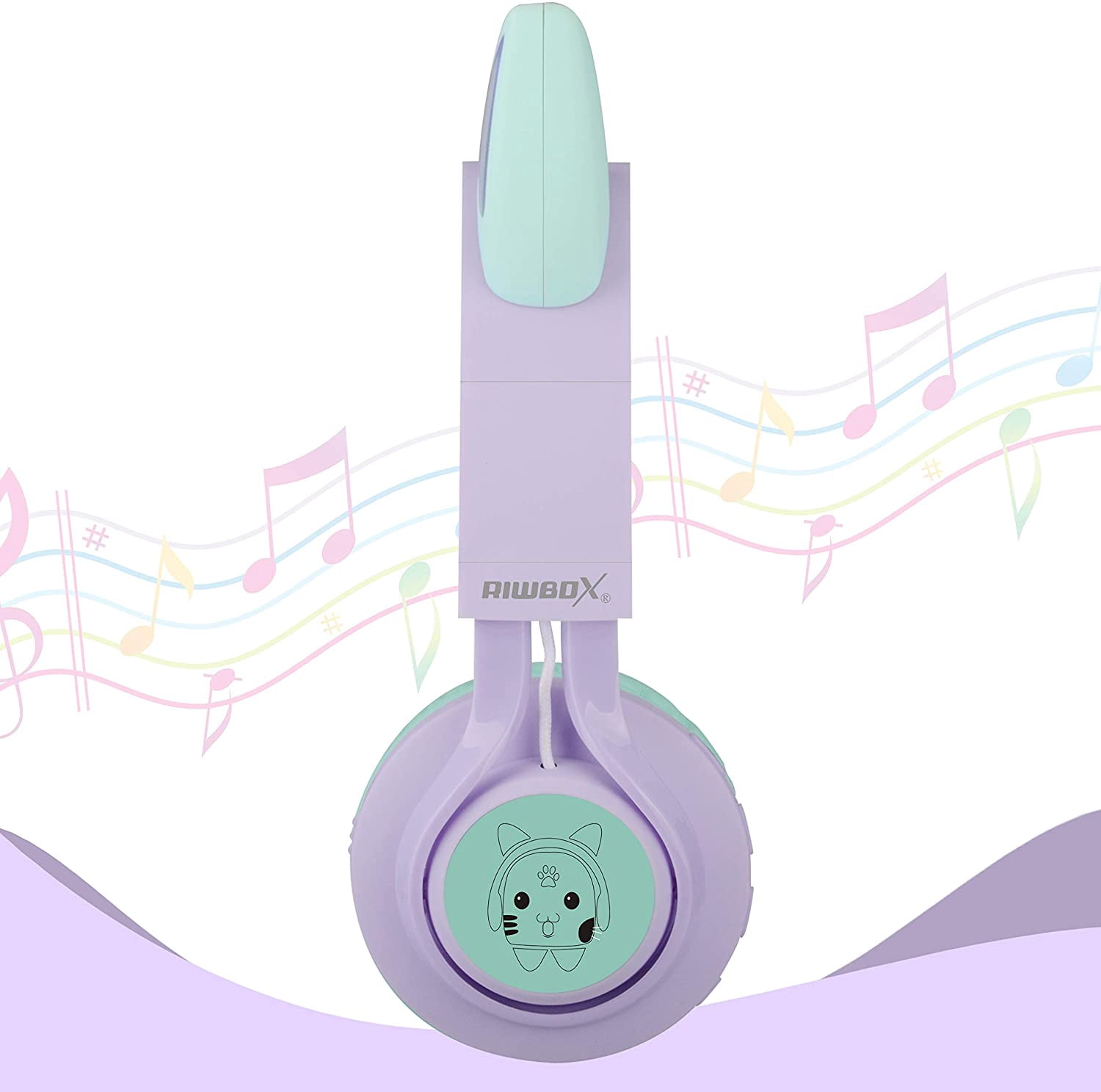 Kids Headphones, Riwbox CT-7S Cat Ear Bluetooth Headphones 85dB Volume Limiting, LED Light Up Kids Wireless Headphones Over Ear with Microphone for iPhone/iPad/Kindle/Laptop/PC/TV (Purple & Green)