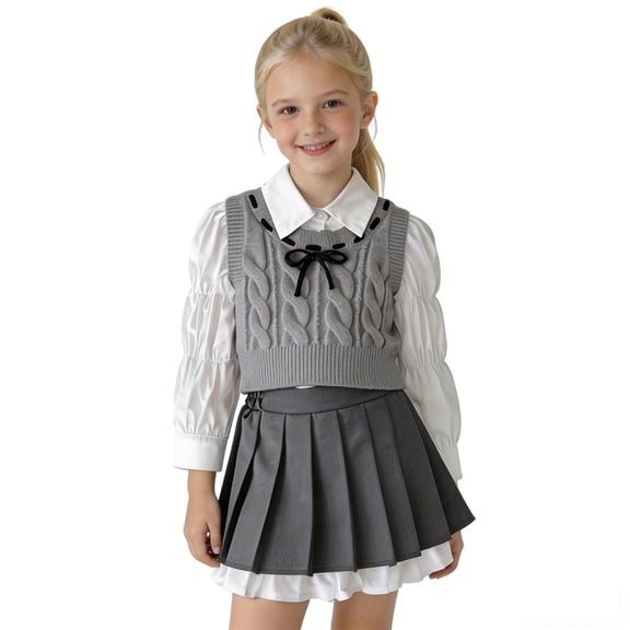 Summer Sets Long Sleeve Shirt and Knitted Vest and Skirts Girls Three Piece Outfits Size 6-7 Years Girls Clothes