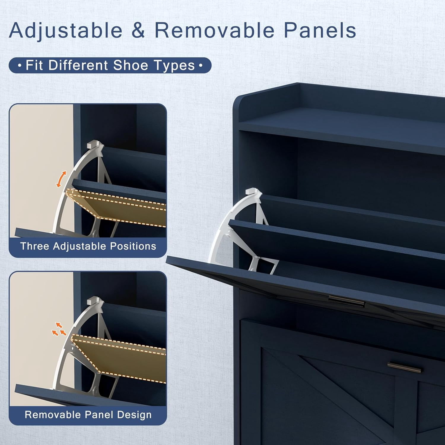 Vinform Shoe Storage Cabinet with 2 Flip Drawers for Entryway, Farmhouse Wood Shoe Cabinet, Freestanding Narrow Shoe Rack Organizer with Metal Legs for Hallway Living Room (Blue)