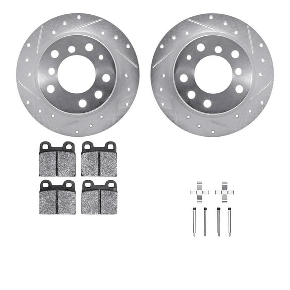 Dynamic Friction Company Rear Brake Rotors-Drilled and Slotted-Silver with 5000 Euro Ceramic Brake Pads includes Hardware 7612-31002
