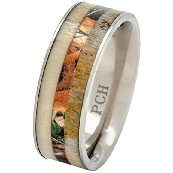 Deer Antler Ring with Camo Inlay 8mm Titanium Mens Wedding Band Comfort Fit (9.5)