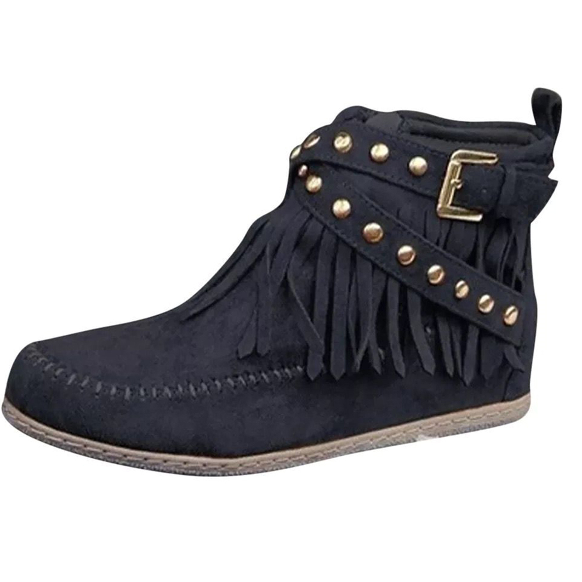 Feios Winter Women Faux Suede Rivets Fringe Tassel Flat Moccasin Ankle Boots Ladies Zipper Studded Casual Comfort Low Heels Booties Outdoor Shoes Size