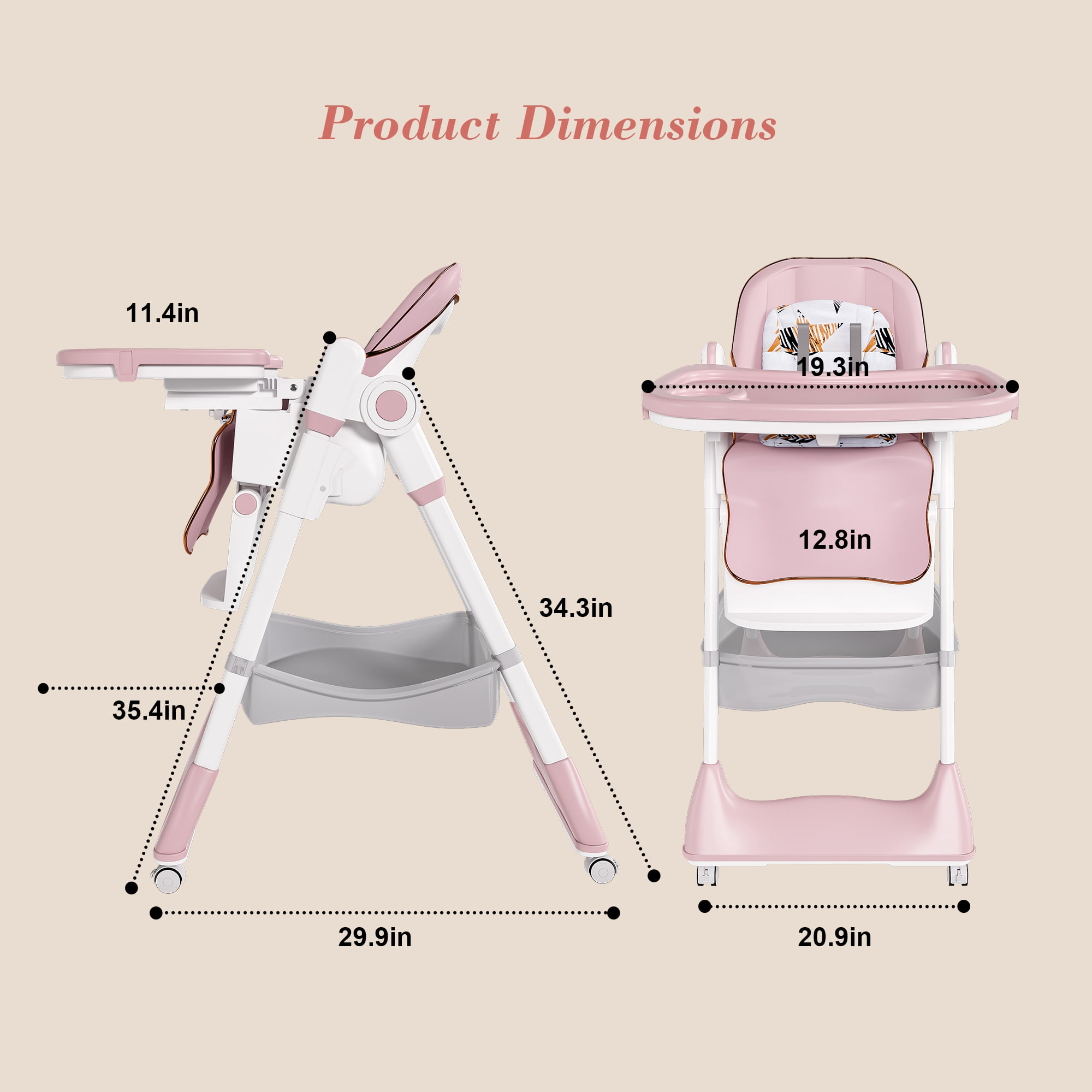 Adjustable Baby High Chair for 0-6 Years, Foldable Infant Feeding Seat with 5-Level Height, 5-Point Safety Belt, Lockable Wheels & Detachable Tray, Easy Clean for Home Use
