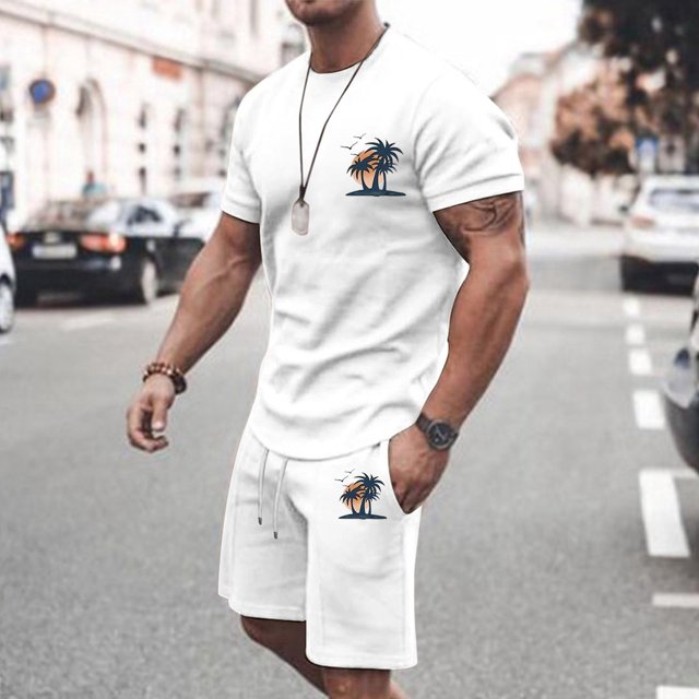 Ensemble de Survêtements pour Hommes Summery Performance pour Tenue Décontractée avec Imprimé Noix de Coco Manches Courtes Col Rond Grande Taille Tenue de Sport Été 2024 Respirant et Confortable