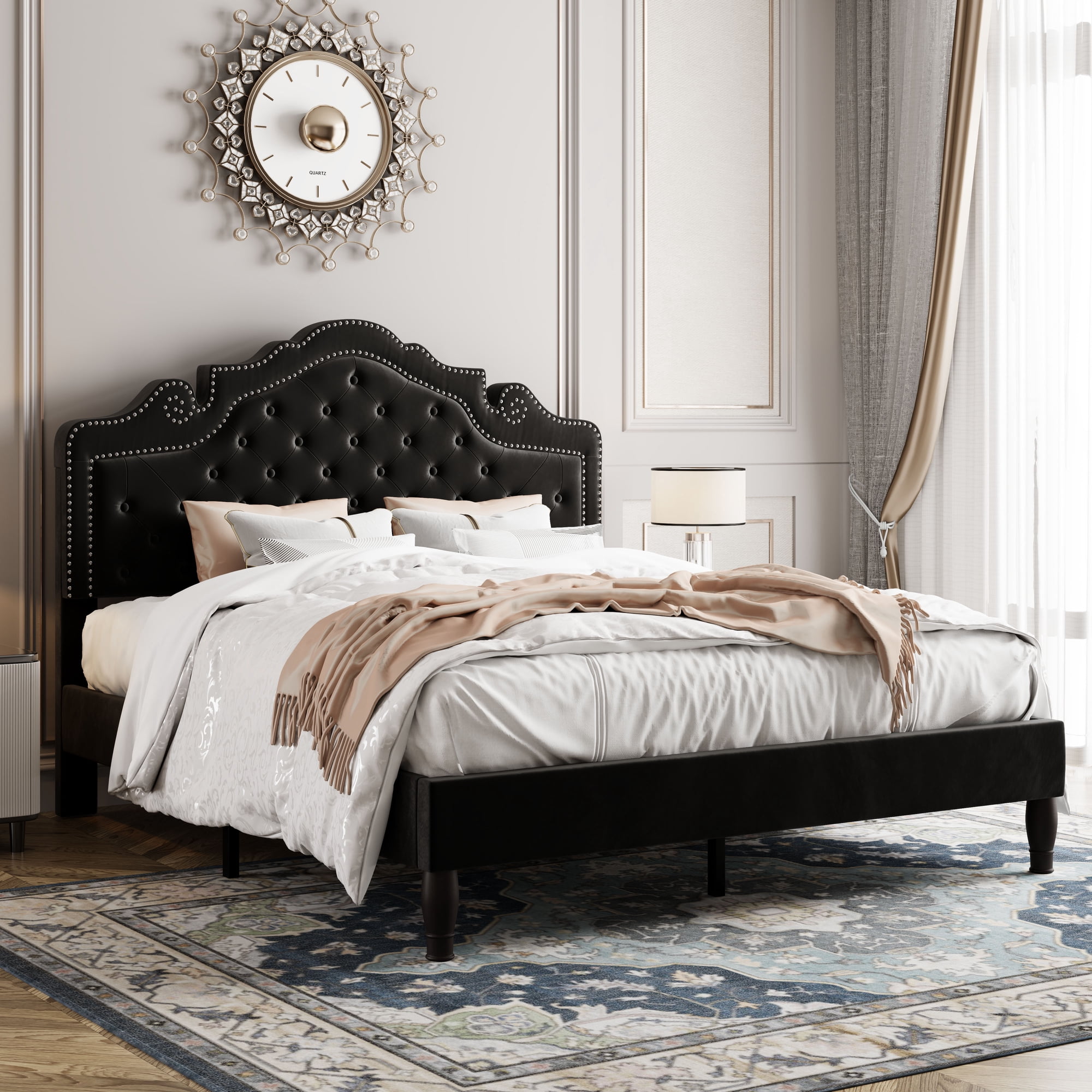 Allewie Queen Size Platform Bed Frame with Velvet Tiara Upholstered Diamond Button Tufted Headboard, Black