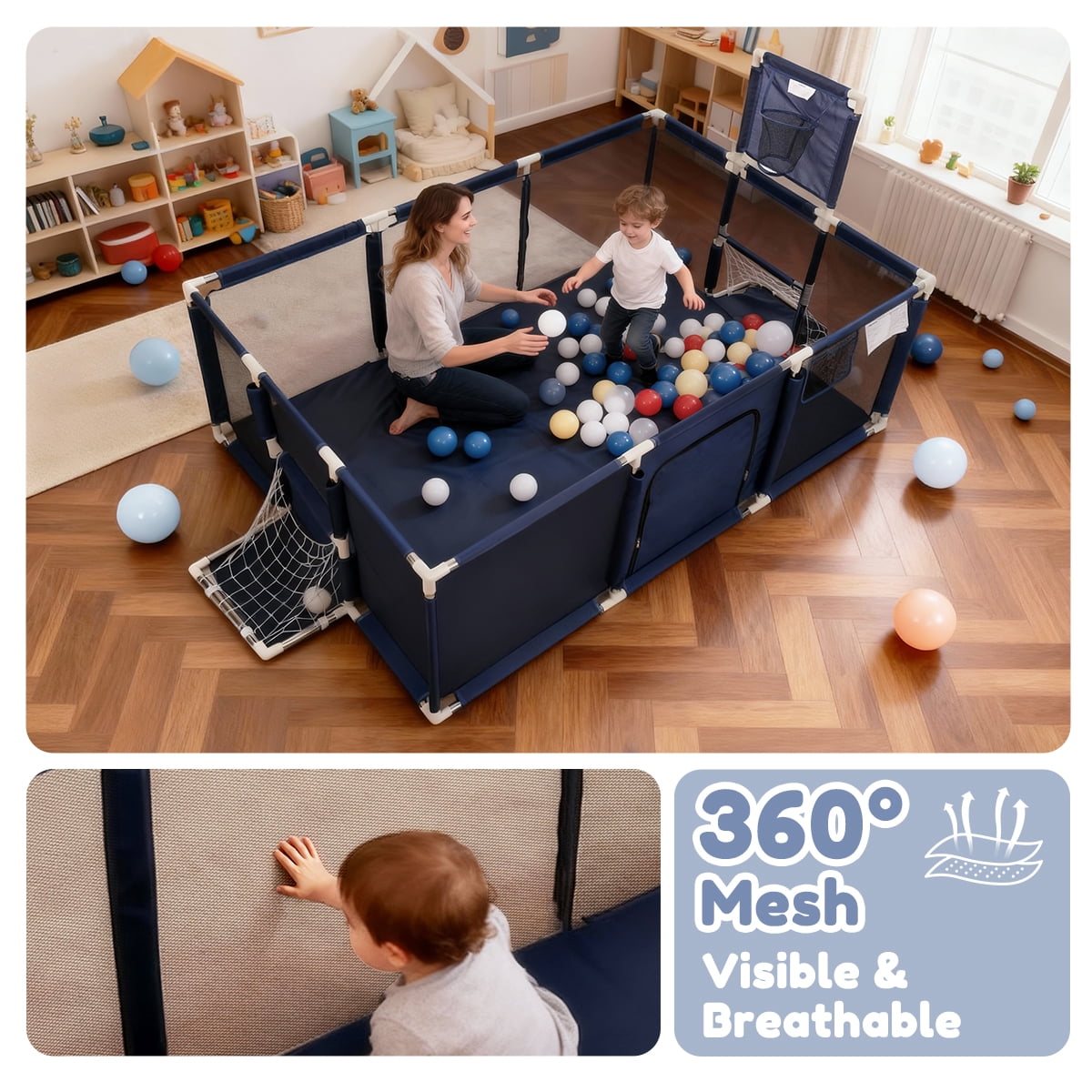 Baby Playpen,71x48inch Large Play Yard for Babies Toddlers, Sturdy Safety Baby Play Area Center Twins, Blue