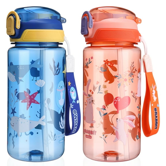 Topekada 2 Pack 20oz Kids Water Drinking Bottle - BPA Free, Auto Push Button, Chug Lid, Carry Loop Lightweight, Spill-Proof Water Bottle with Cute Design For Girls & Boys