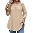 thumbnail image 3 of DDAPJ pyju Women's Off Shoulder 3/4 Sleeve Shirts Eyelet Casual Tunic Tops Plus Size Summer Blouses Khaki XXXL, 3 of 7