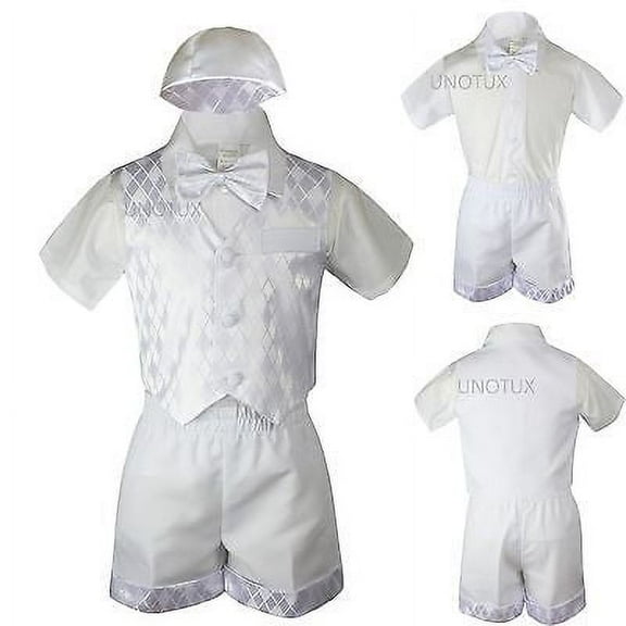Baby Boy Toddler Baptism Church Formal Paisley Vest Shorts Suit White Hat