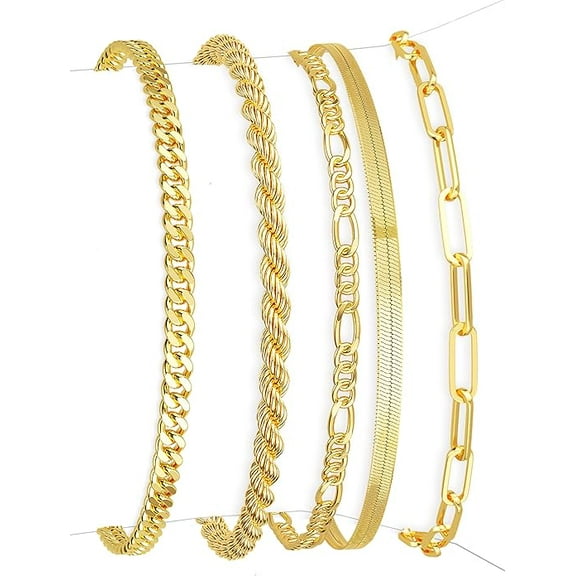 Gold Bracelets for Women, 14K Gold Plated Jewelry Sets for Women Trendy Thin Dainty Stackable Cuban Link Paperclip Chain Bracelet Pack Fashion Accessories Gifts