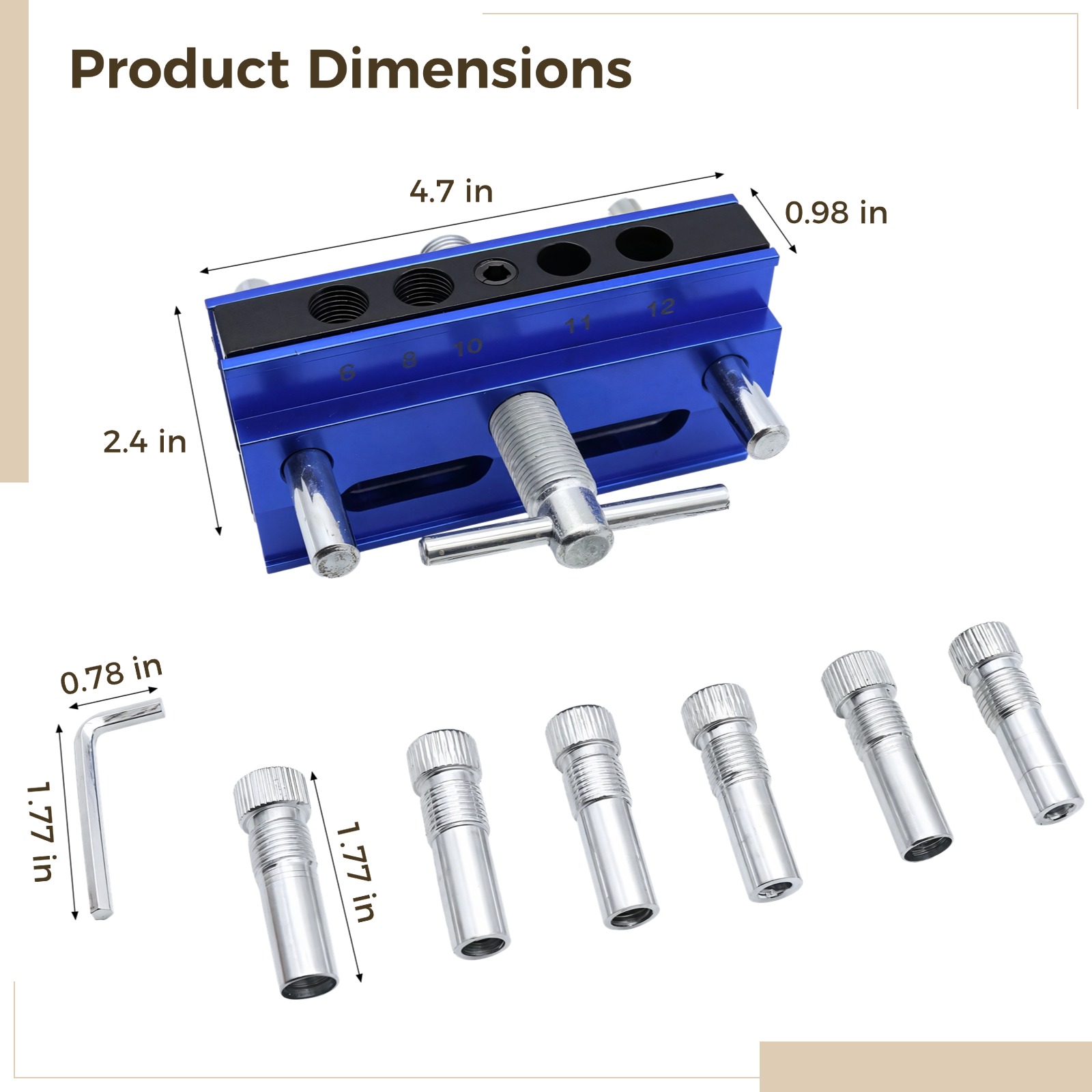 Self Centering Doweling Jig, Adjustable Doweling Jig, Straight Hole Drilling Guide, Precision Woodworking Tool with Multiple Drill Sizes, High Durability, Blue Aluminum Body