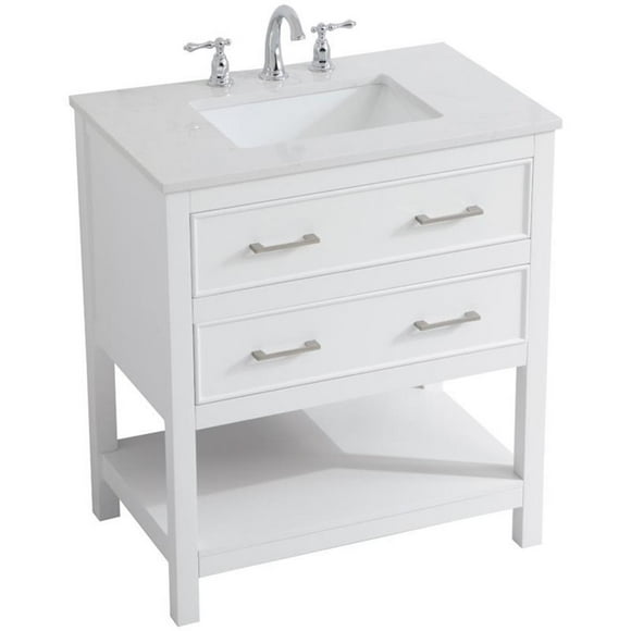 Pemberly Row Modern 30" Single Quartz Top Bathroom Vanity in White