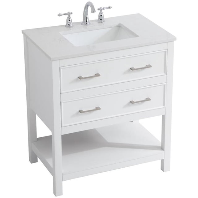 Pemberly Row Meuble-Lavabo de Salle de Bain Moderne à Dessus à Quartz Simple de 30 Pouces en Blanc