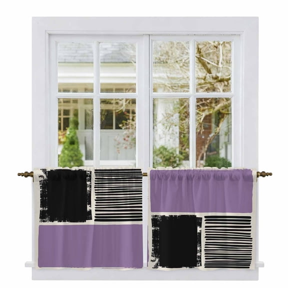 Purple Black Tier Curtains 24 Inch Length, Farmhouse Striped Modern Abstract Art Cafe Short Curtains for Bathroom Over Sink, Small Kitchen Curtain Light Filtering Tiered Drapes 2 Panels 27.5"Wx24"L