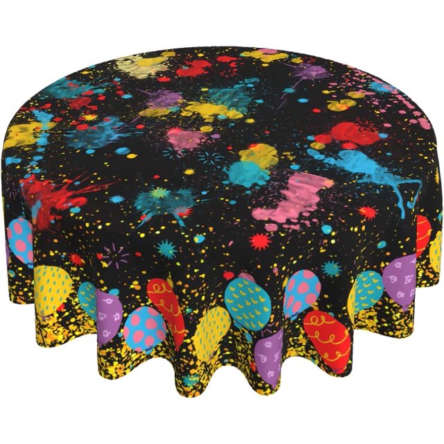 Black Party Tablecloths 60 Inch Round Table Cover with Colorful Paint Splatter for Family Dinners Patio Indoor Outside Events