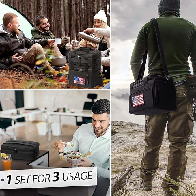 Large Lunch Bag Box for Men - 3 in 1 Cooler Bag Large Insulated Removable Double Deck Leak-Proof Lunch Box for Work Outdoor Picnic