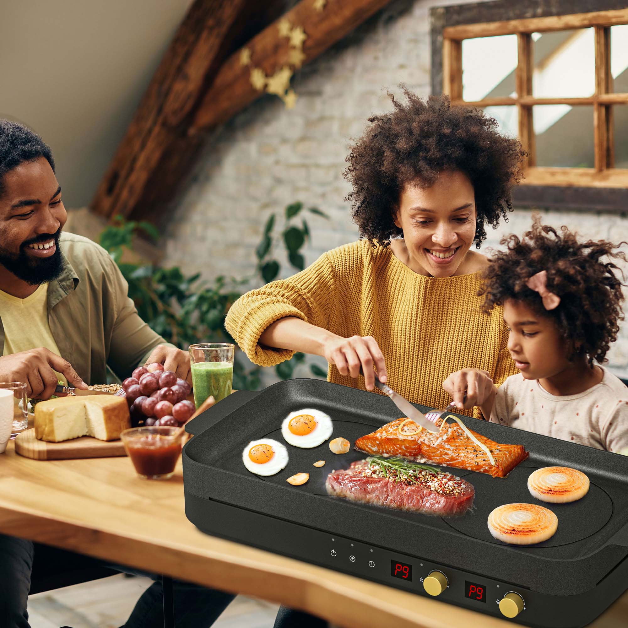 COOKTRON Portable Compact 2 Burner Induction Cooktop Electric Stove  w/Smokeless Cast Iron Griddle Grill & Temperature Control & Child Lock,  Rose Gold