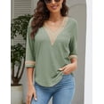 thumbnail image 2 of Women's Casual 3/4 Sleeve Shirts Lace V Neck Color Block Dressy Tops Trendy Hollow Floral Blouses T Shirts S-XXL, 2 of 13