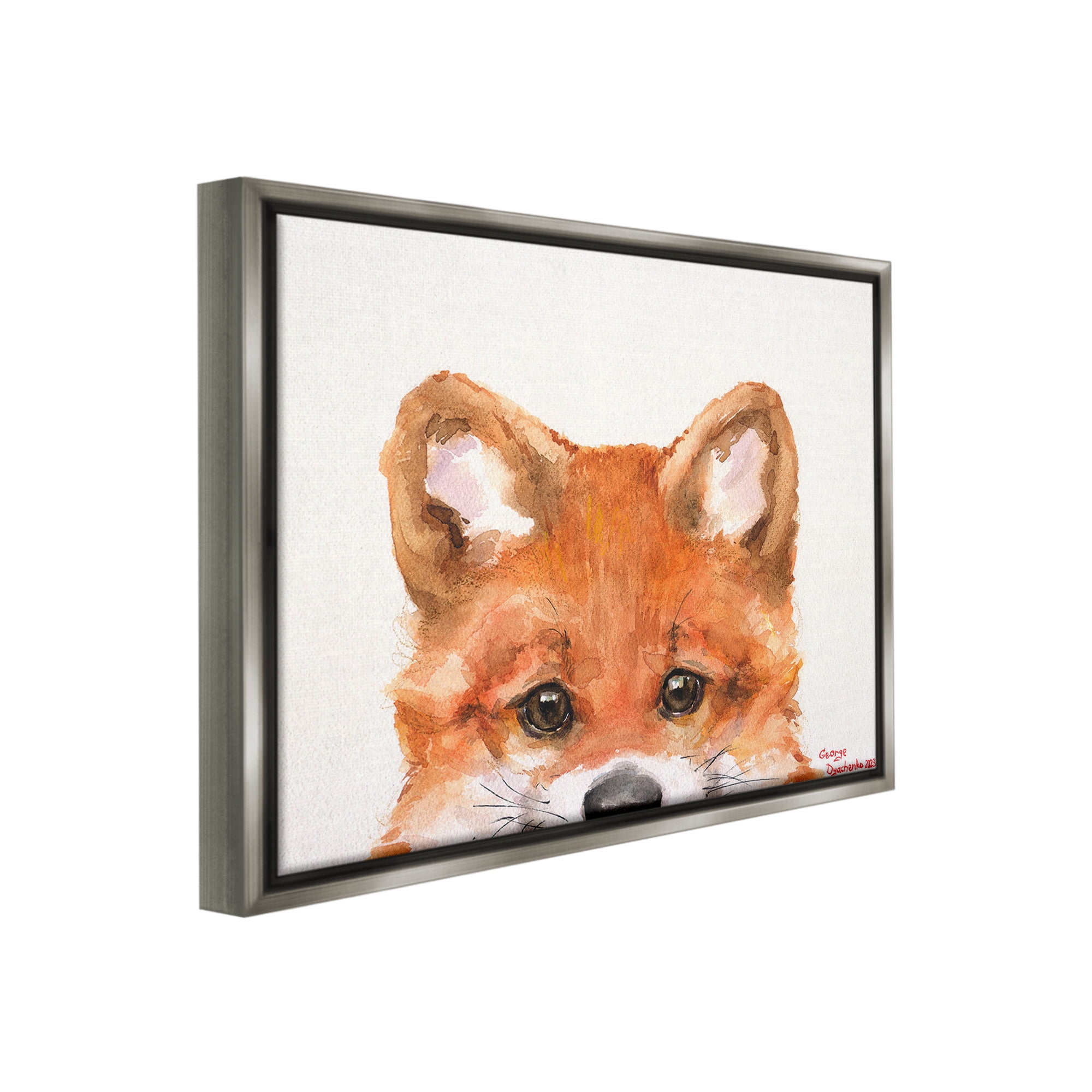 Stupell Industries Fox Cub Peeking Animals & Insects Painting Gray Floater Framed Canvas Art Print Wall Art, 31 x 25