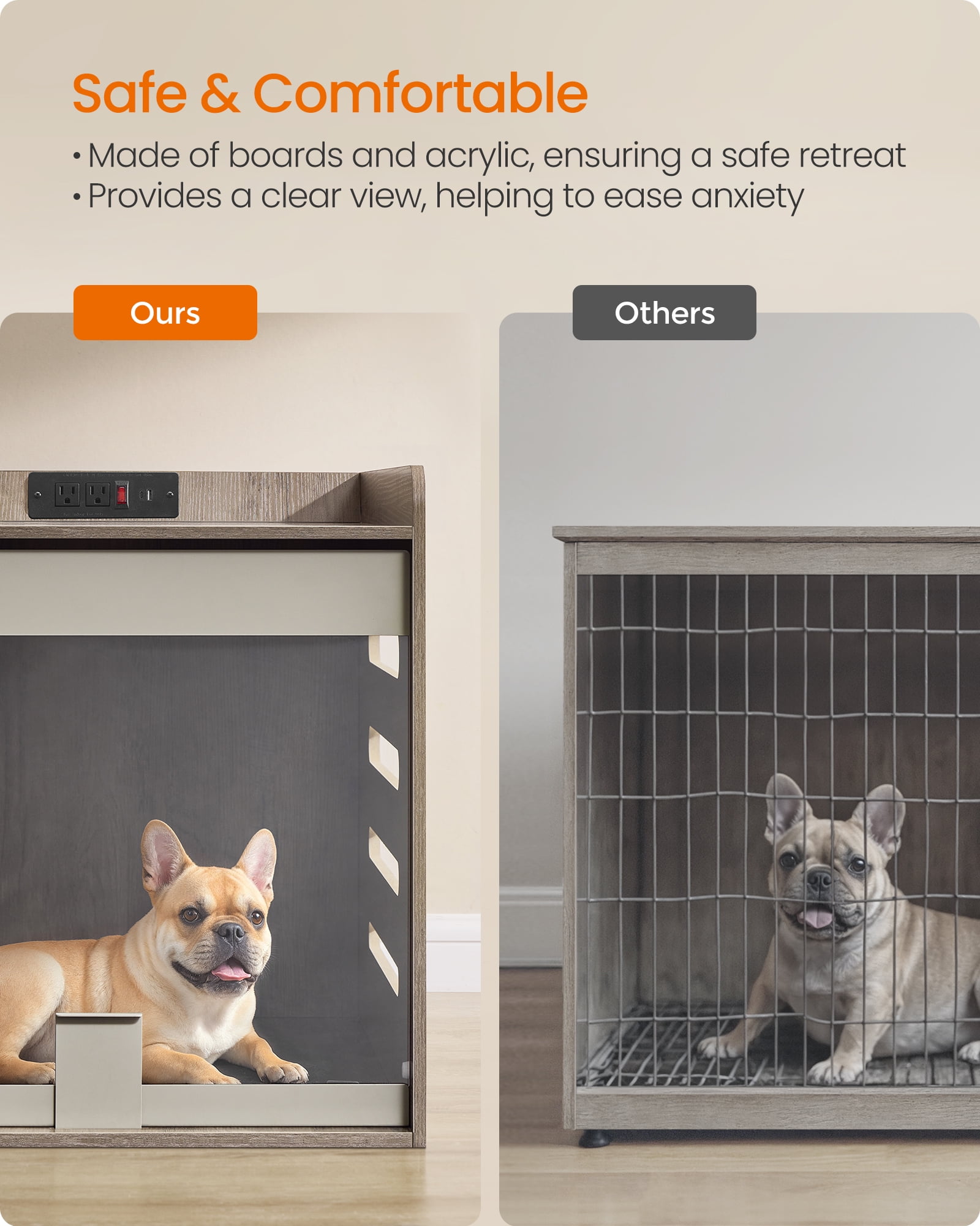 Feandrea Modern Dog Crate Furniture with Charging Station, Kennel Indoor with Flip-up Hidden Acrylic Door, for Small Dogs up to 22 lb, Side End Table, Heather Greige