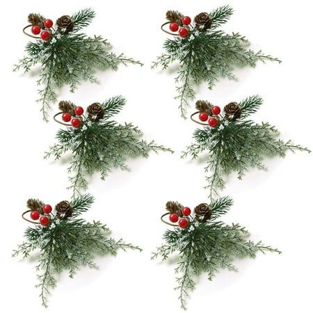 

Christmas Napkin Rings 6 Napkin Holder Rings with Artificial Pine Cones Branches Red Decor
