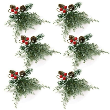 

Christmas Napkin Rings 6 Napkin Holder Rings with Artificial Pine Cones Branches Red Decor