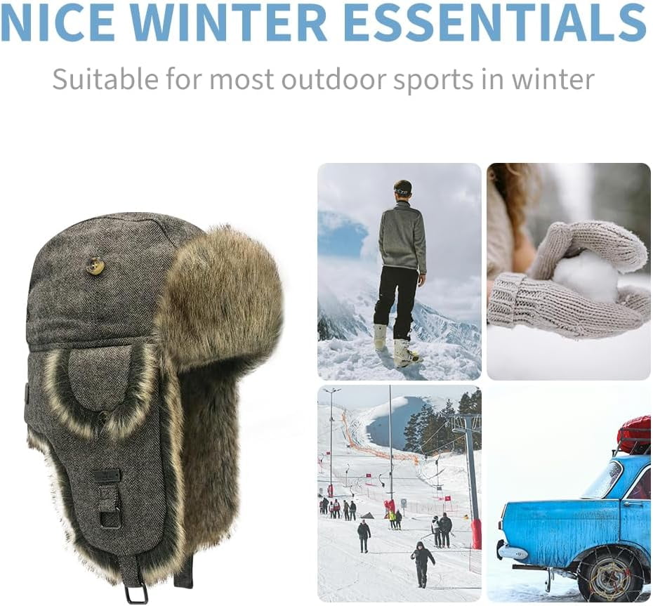 Fur Winter Trapper Hat,Wool Faux Fur Aviator Ski Trapper Trooper Pilot Snow Eskimo Hat with Ear Flaps for Men & Women