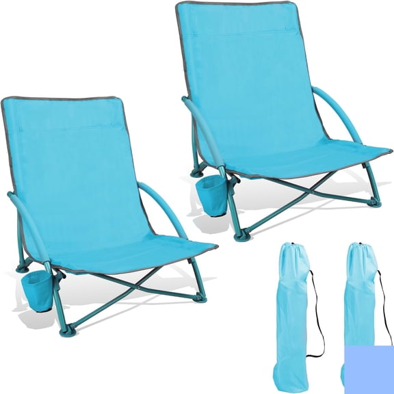 2 Pack Low Beach Chair,Folding Recliner Camping Chair for Adults,Lightweight Backpacking Low Seat Camping Chairs with Cup Holder,Carry Bag for Outdoor Camp Lawn Picnic Festival