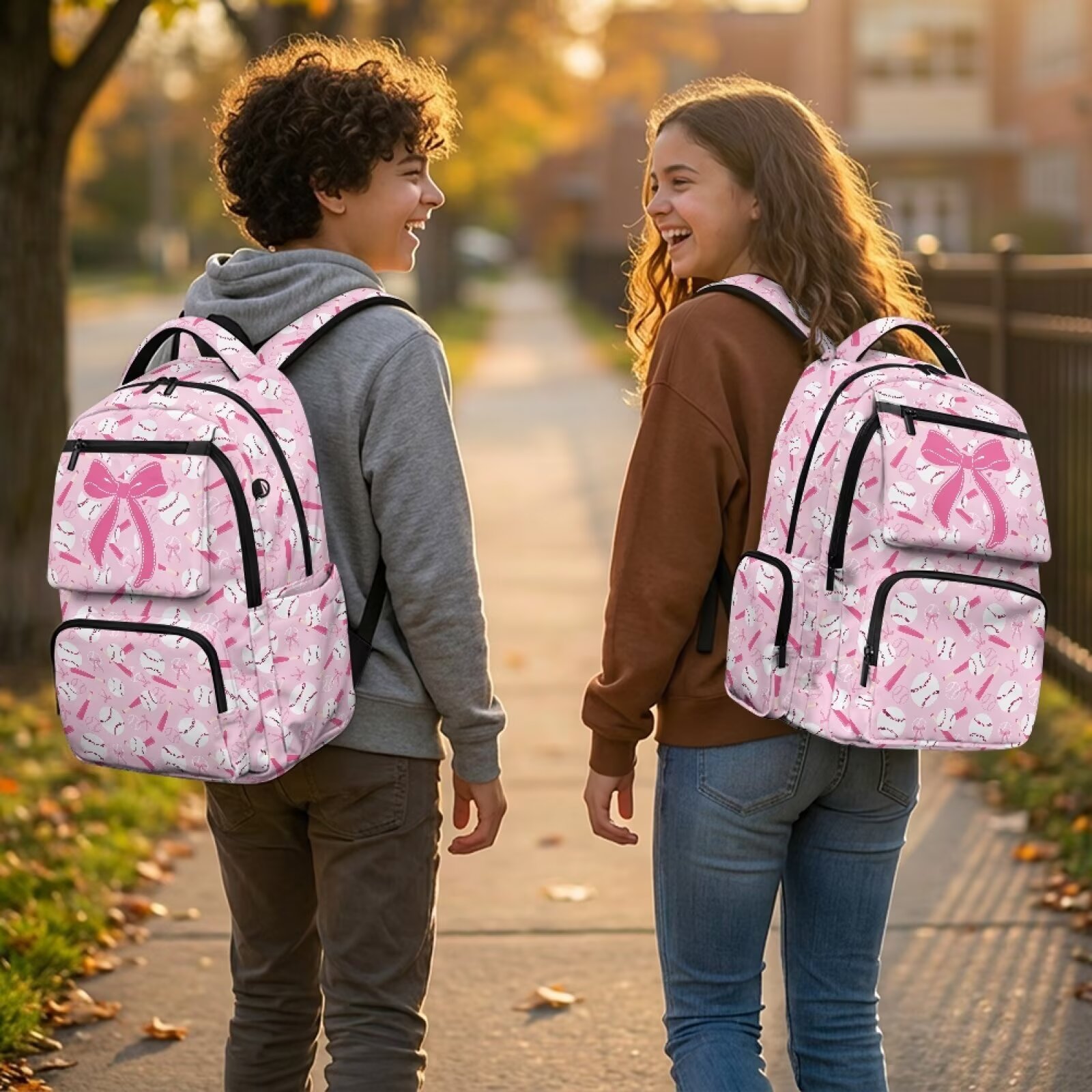 Mochila para niñas con diseño de murciélago y moño rosa, estampado deportivo, ligera, transpirable, duradera, impermeable, multi bolsillos, para regreso a clases 2